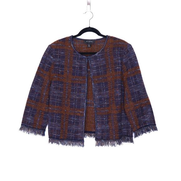 ST. JOHN Tweed Wool Blend Short Jacket Burnt Orange Navy Frayed Women's 16 - Picture 1 of 10
